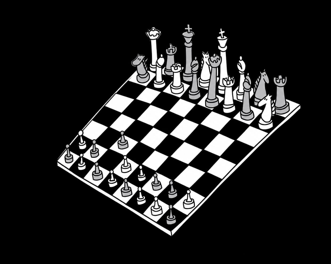 Black and white chessboard with pawns facing larger pieces